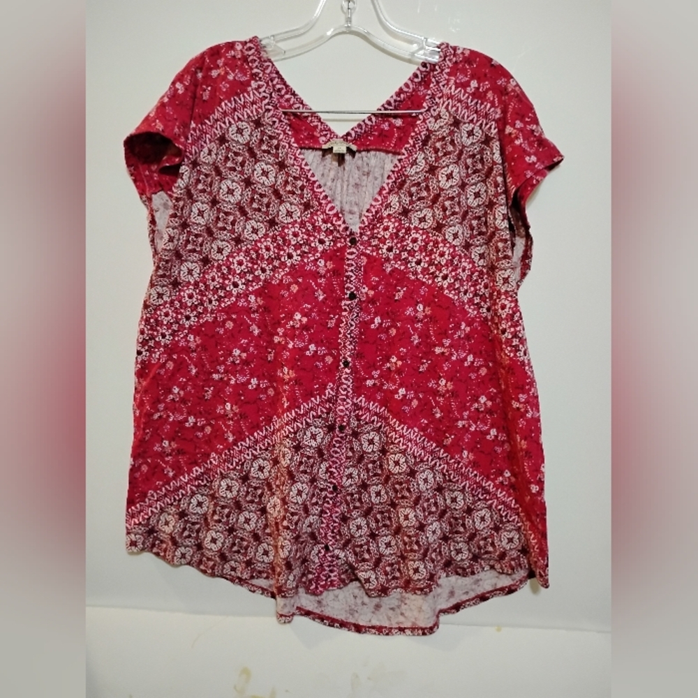 Red Floral Women's Top BUTTONS UP 57%Cotton 33%Viscose 10%Linen LUCKY BRAND 1X